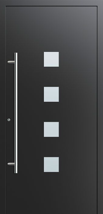 Usa de exterior din aluminiu Kulttur, dimensiuni de până la 1230x2180 adâncime profil: 77mm placă de aluminiu la exterior/interior cu grosimea de 3mm coeficient termic sporit de pană la 0,91 W/m2K rezistență antiefracție până la clasa RC1, RC2 sau RC3 geam triplu securizat VSG 4+4mm la interior și e